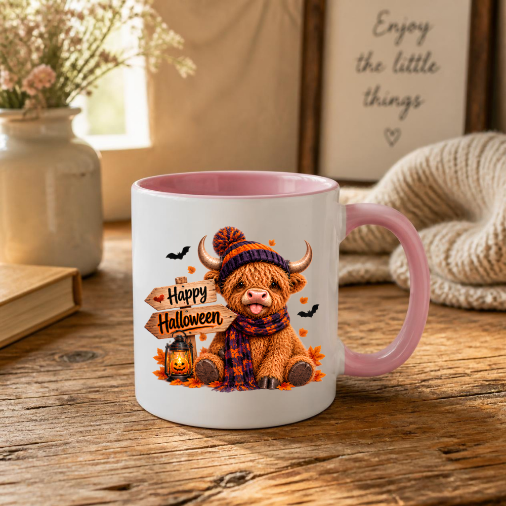 Halloween Mug "Cozy Beanie Happy Halloween" Cozy Halloween Highland Cow 325ml Ceramic Coffee Mug – Autumn Beanie Tea Cup with Wooden Sign Lantern Graphic Gift | Available in Multicolours | Fast Dispatch by UK Seller (M3167)