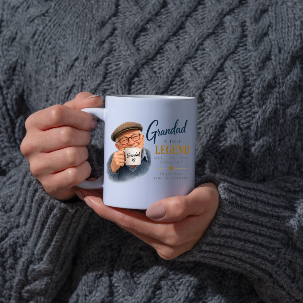 Family Mug "Grandad A TRUE LEGEND" Sweet Grandpa 325ml Ceramic Coffee Mug Heartwarming Grandad Tea Cup with Flat Cap Grandpa & Mini Mug Graphic Gift | Available in Multicolours | Fast Dispatch by UK Seller (M3015)