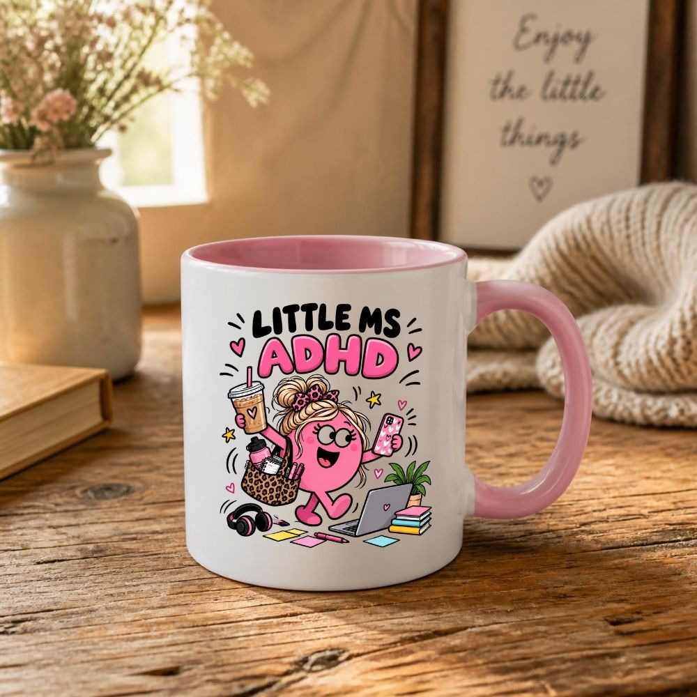 Cute Mug "Little Ms ADHD" Funny Neurodivergent Cartoon Coffee Cup 350ml, Pink Ceramic Novelty Mug, Relatable Busy Mind Multitasking Humour Gift for Her Mum Sister Girlfriend Best Friend, Birthday Christmas Secret Santa | Fast Dispatch by UK Seller (M1112)