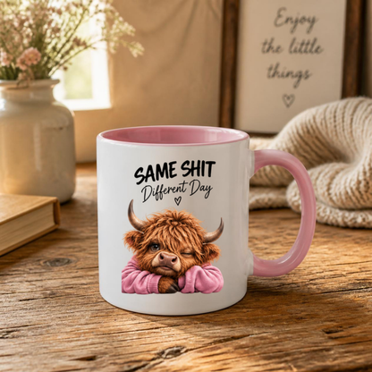 Sassy Highland Cow Mug "SAME SHIT Different Day" Graphic 325ml Ceramic Coffee Cup Highland Cow in Pink Jumper Winking Novelty Tea Cup | Funny Sarcastic Work Gift for Coworkers & Friends | Available in Multicolours | Fast Dispatch by UK Seller (M3137)