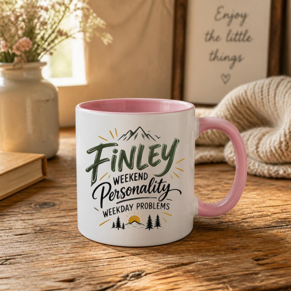 Personalized Name Mug "Finley Weekend Personality Weekday Problems" Finley Weekend Personality Weekday Problems 325ml Ceramic Coffee Mug – Custom Name Typography Slogan with Mountain & Pine Trees Graphic | Outdoor Gift | Fast Dispatch by UK Seller (M3427)