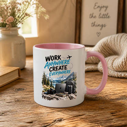 Tech Mug "Work Anywhere Create Everywhere" Work Anywhere Create Everywhere 325ml Ceramic Coffee Mug – Digital Nomad Mug with Mountain Lake, Laptop, Camera & Travel Backpack | Remote Work Gift | Fast Dispatch by UK Seller (M3334)