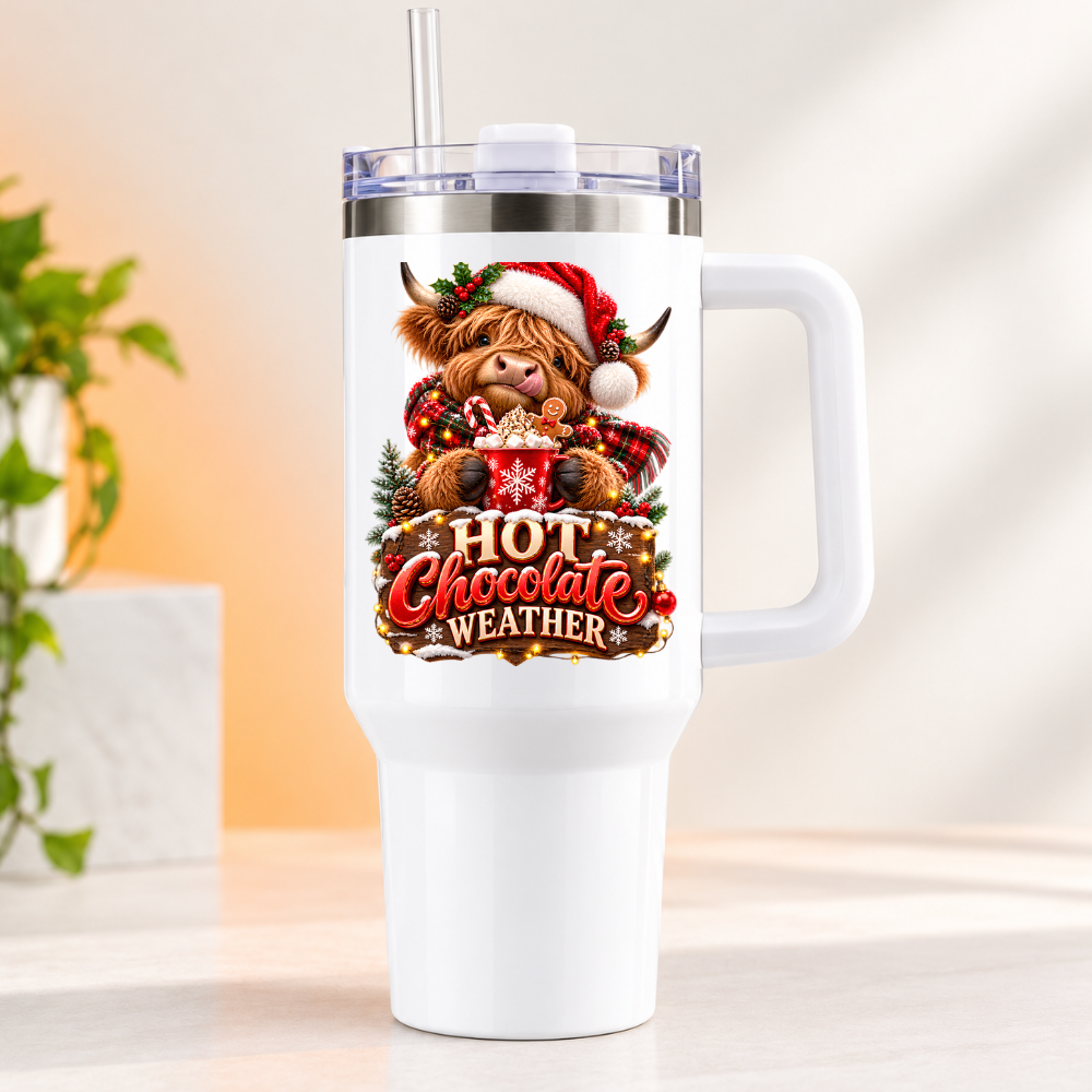 Festive Christmas Highland Cow Travel Tumbler "Hot Chocolate Weather" Graphic 40oz Stainless Steel Insulated Travel Mug with Handle & Straw – Cozy Cow in Santa Hat, Tartan Scarf & Marshmallow Mug Novelty Travel Cup | Fast Dispatch by UK Seller (T3041)