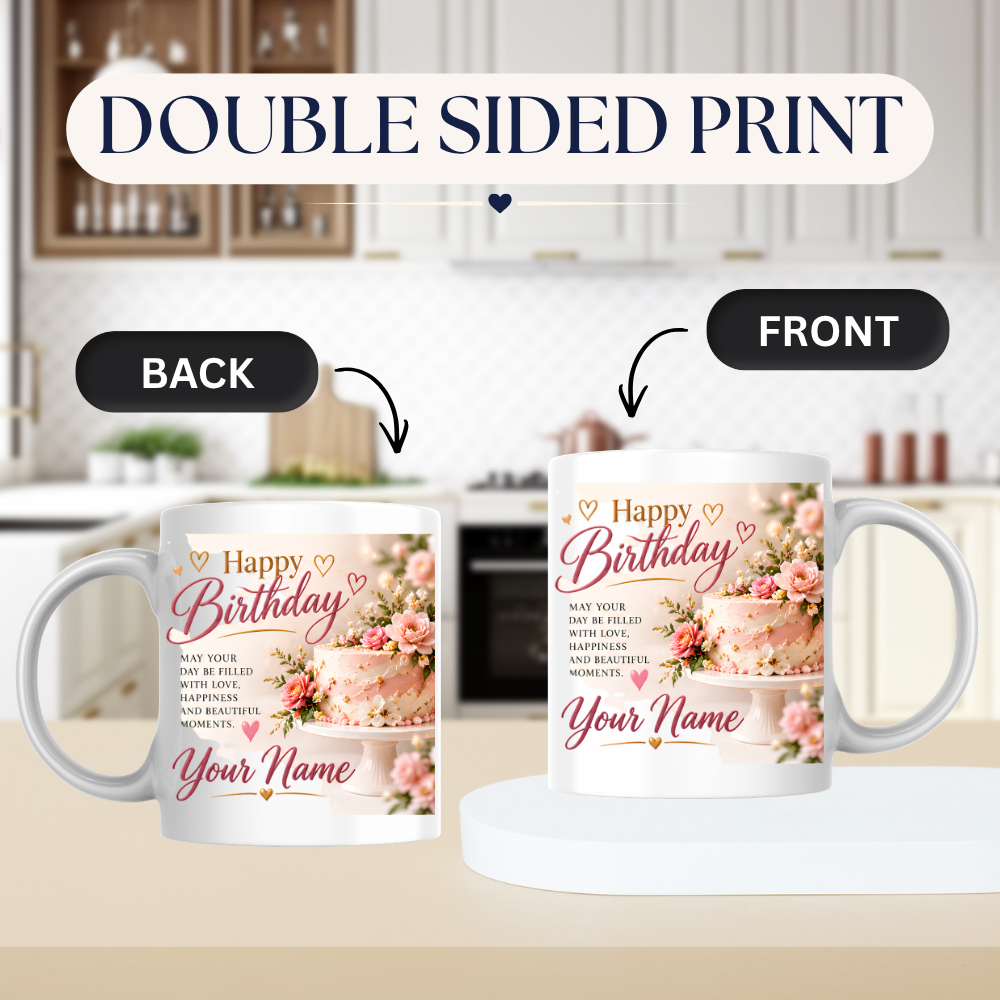 Personalised Birthday Mug "Happy Birthday" 325ml Ceramic Coffee Tea Cup – Pink Frosted Cake, Floral Decor, Custom Name & Love Wish Slogan Novelty Gift for Women, Bestie, Birthday – Fast Dispatch by UK Seller (M3512)