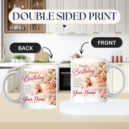 Personalised Birthday Mug "Happy Birthday" 325ml Ceramic Coffee Tea Cup – Pink Frosted Cake, Floral Decor, Custom Name & Love Wish Slogan Novelty Gift for Women, Bestie, Birthday – Fast Dispatch by UK Seller (M3512)