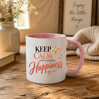 Motivational Mug "Keep Calm And Choose Happiness" 325ml Ceramic Coffee Tea Cup – Pink & Gold Typography, Cute Hearts & Positivity Slogan Novelty Gift for Friends, Colleagues, Birthday – Fast Dispatch by UK Seller (M3493)