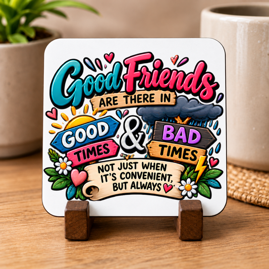 Best Friends Coaster "Good Friends Are There in Good & Bad Times Not Just When It's Convenient, But Always" Graphic Glossy Hardboard 9x9cm Drinks Mat – Colorful Signposts & Sun-Storm Tableware Gift | Fast Dispatch by UK Seller (C3070)