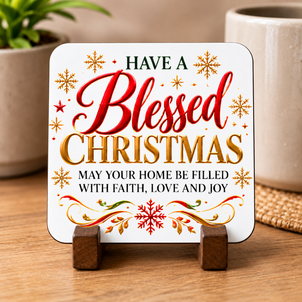 Festive Christian Christmas Coaster "Have a Blessed Christmas May Your Home Be Filled With Faith, Love and Joy" Graphic Glossy Hardboard 9x9cm Drinks Mat – Red & Golden Script Holiday Tableware Gift | Fast Dispatch by UK Seller (C3058)