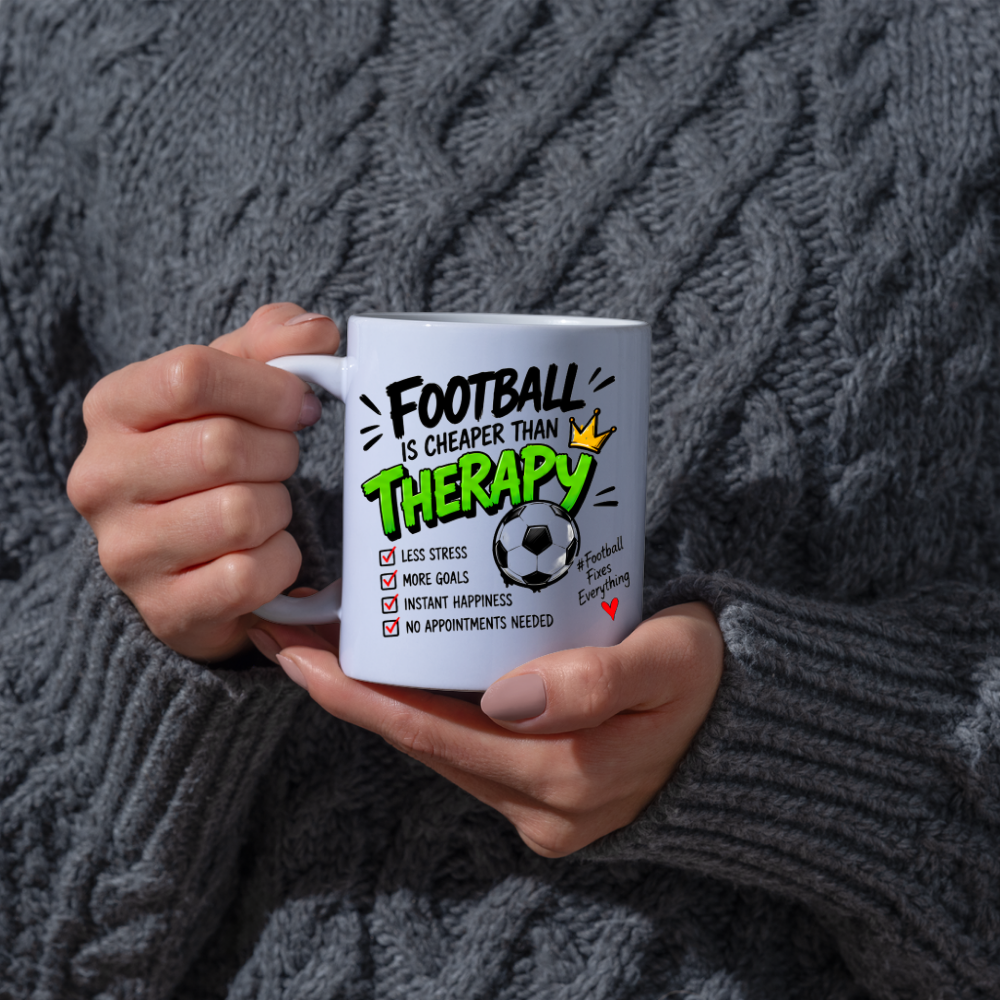 Football Mug "FOOTBALL IS CHEAPER THAN THERAPY" Crown Football 325ml Ceramic Coffee Mug Sporty Therapy Checklist Tea Cup with "#FootballFixesEverything" Graphic Gift | Available in Multicolours | Fast Dispatch by UK Seller (M3095)