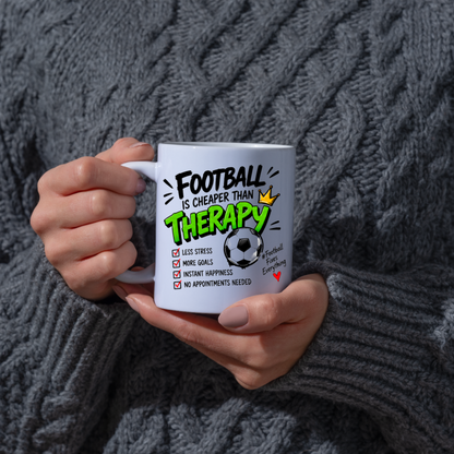 Football Mug "FOOTBALL IS CHEAPER THAN THERAPY" Crown Football 325ml Ceramic Coffee Mug Sporty Therapy Checklist Tea Cup with "#FootballFixesEverything" Graphic Gift | Available in Multicolours | Fast Dispatch by UK Seller (M3095)