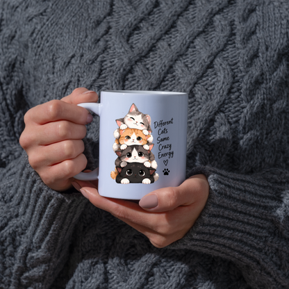 Funny Cat Mug "Different Cats Same Crazy Energy" Stacked Kittens 325ml Ceramic Coffee Mug Cute Cat Lover Tea Cup with Cute Kitten Stack & Paw Print Graphic Gift | Available in Multicolours | Fast Dispatch by UK Seller (M3027)