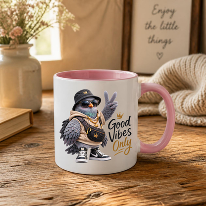 Good Vibes Mug "Good Vibes Only Cool Pigeon" 325ml Ceramic Mug – Cool Pigeon in Bucket Hat, Gold Chain, Crossbody Bag High Top Sneakers Funny Streetwear Bird Mug Gift For Friends Coworkers | Available in Multicolours | Fast Dispatch by UK Seller (M3237)