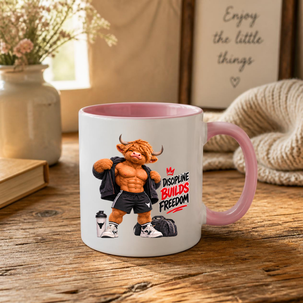 Gym Mug "Discipline Builds Freedom Muscular Highland Cow" Discipline Builds Freedom 325ml Ceramic Coffee Mug – Muscular Highland Cow Showing Six Pack Abs Open Zip Jacket Gym Fitness Gift | Available in Multicolours | Fast Dispatch by UK Seller (M3274)