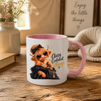 Highland Cow Mug "Classy Confident Always Highland Cow" 325ml Ceramic Coffee Mug – Glamorous Highland Cow in Black Evening Dress Pearls Sunglasses Bow Holding Champagne Glass Chic Gift | Available in Multicolours | Fast Dispatch by UK Seller (M3280)