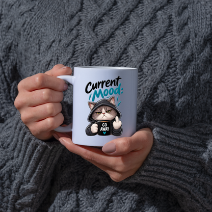 Sarcastic Mug "CURRENT MOOD: GO AWAY" Hooded Cat 325ml Ceramic Coffee Mug Novelty Grumpy Cat Tea Cup with Middle Finger & "GO AWAY" Mug Graphic Gift | Available in Multicolours | Fast Dispatch by UK Seller (M3087)