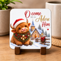 Festive Christian Christmas Coaster "O Come Let Us Adore Him Luke 2:11" Graphic Glossy Hardboard 9x9cm Drinks Mat – Highland Cow, Snowy Chapel Village & Wreath Holiday Tableware Gift | Fast Dispatch by UK Seller (C3064)