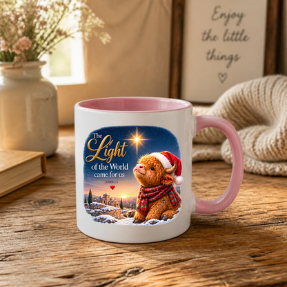 Christmas Mug "The Light Of The World Came For Us Highland Cow" John 1:5 325ml Ceramic Coffee Mug – Festive Highland Cow Mug With Santa Hat Star Of Bethlehem Christian Holiday Gift | Available in Multicolours | Fast Dispatch by UK Seller (M3308)