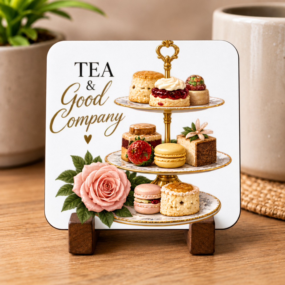 Afternoon Tea Hardboard Coaster "Tea & Good Company" Graphic 9cm x 9cm Square Drinks Coaster “ Elegant 3-Tier Cake Stand with Scones, Macarons & Pink Rose Novelty Mat | Elegant Glossy Gift for Tea Lovers | Fast Dispatch by UK Seller (C3006)