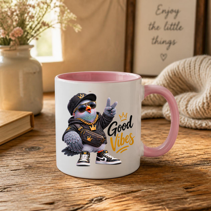 Streetwear Mug "Good Vibes Cool Pigeon" Good Vibes 325ml Ceramic Coffee Mug – Cool Pigeon with Cap, Sunglasses, Gold Chain, Hoodie & Sneakers Funny Hip Hop Bird Mug Gift For Friends | Available in Multicolours | Fast Dispatch by UK Seller (M3243)