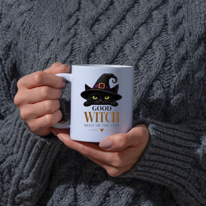 Halloween Mug "GOOD WITCH MOST OF THE TIME" Black Cat 325ml Ceramic Coffee Mug Peeking Black Cat Tea Cup with Purple Witch Hat & Heart Graphic Gift | Available in Multicolours | Fast Dispatch by UK Seller (M3079)