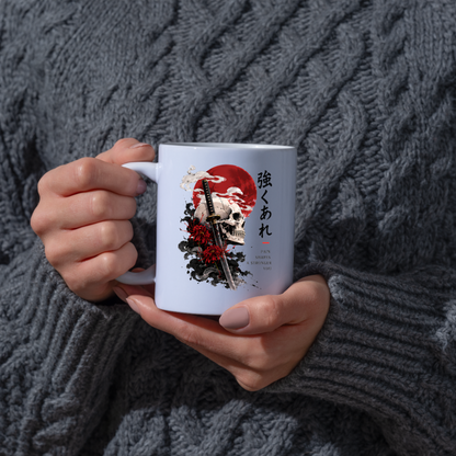 Inspirational Japanese Samurai Skull Mug "PAIN SHAPES A Stronger You" Katana & Red Sun 325ml Ceramic Coffee Mug – Aesthetic Resilience Tea Cup With Kanji Spider Lily Graphic Gift | Available in Multicolours | Fast Dispatch by UK Seller (M3047)
