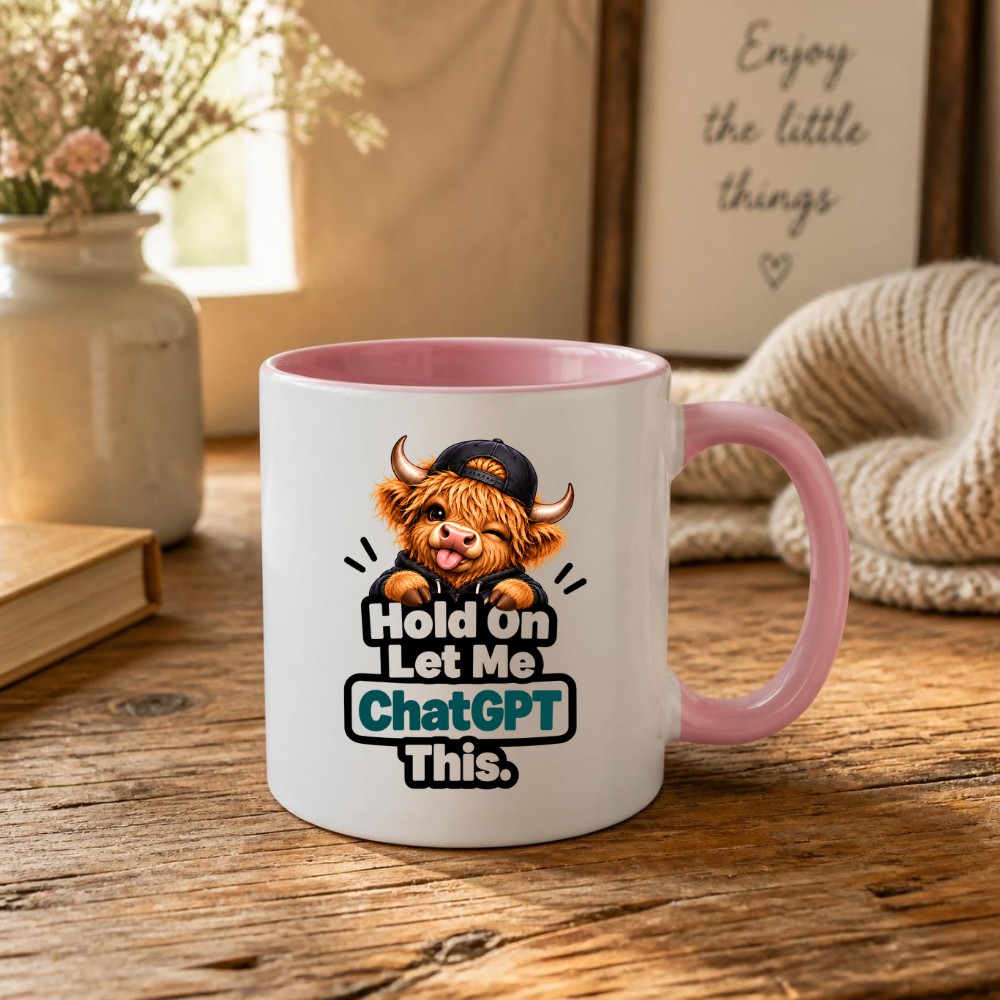 Funny Highland Cow AI Mug "Hold On Let Me ChatGPT This" Hold On Let Me ChatGPT This 325ml Ceramic Coffee Mug – Cute Highland Cow in Cap & Hoodie AI Tech Humor | Funny Work & Developer Gift | Fast Dispatch by UK Seller (M3458)