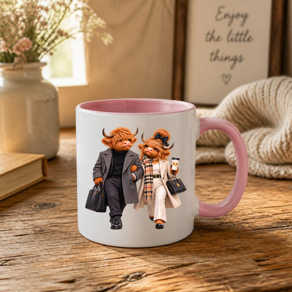 Fashion Mug "Elegance Highland Cow Couple Walking" Elegance Highland Cow Couple 325ml Ceramic Coffee Mug– Chic Winter Walking Tea Cup with Charcoal Overcoat Beige Trench Scarf Graphic Gift | Available in Multicolours | Fast Dispatch by UK Seller (M3191)