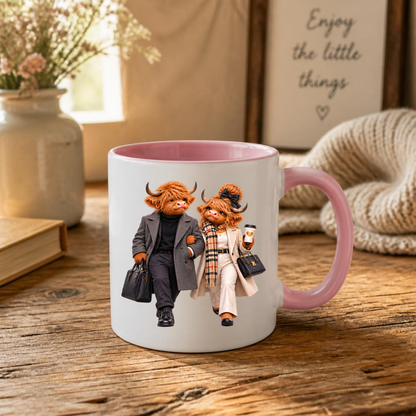 Fashion Mug "Elegance Highland Cow Couple Walking" Elegance Highland Cow Couple 325ml Ceramic Coffee Mug– Chic Winter Walking Tea Cup with Charcoal Overcoat Beige Trench Scarf Graphic Gift | Available in Multicolours | Fast Dispatch by UK Seller (M3191)
