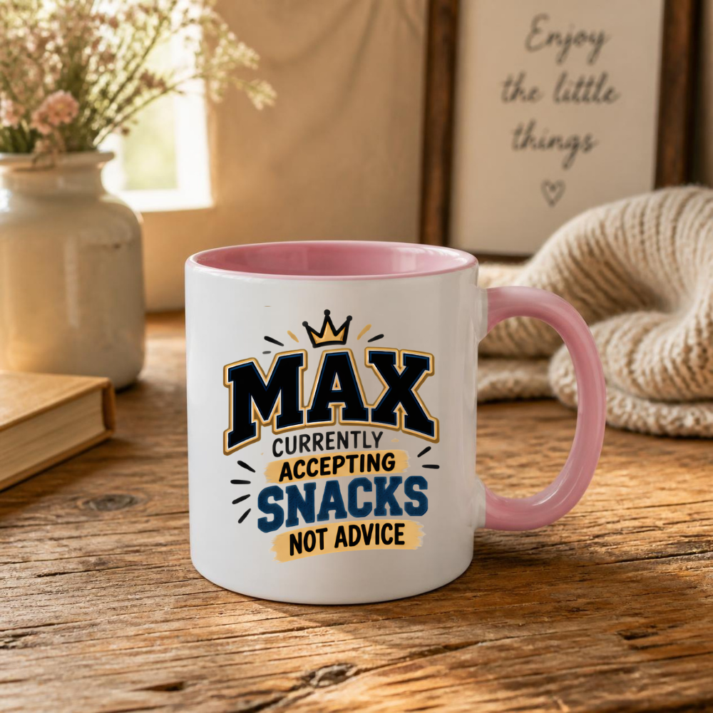 Personalized Name Mug "Max Currently Accepting Snacks Not Advice" Max Currently Accepting Snacks 325ml Ceramic Coffee Mug – Custom Name Varsity Typography Slogan with Golden Crown & Brushstroke Highlights | Funny Gift | Fast Dispatch by UK Seller (M3444)