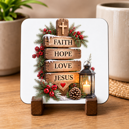 Inspirational Religious Hardboard Coaster "Faith Hope Love Jesus" Graphic 9cm x 9cm Square Drinks Coaster “Rustic Wooden Directional Sign with Cross, Lantern & Pinecones Novelty Mat | Christian Glossy Gift | Fast Dispatch by UK Seller (C3050)