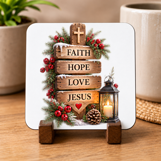 Inspirational Religious Hardboard Coaster "Faith Hope Love Jesus" Graphic 9cm x 9cm Square Drinks Coaster “Rustic Wooden Directional Sign with Cross, Lantern & Pinecones Novelty Mat | Christian Glossy Gift | Fast Dispatch by UK Seller (C3050)