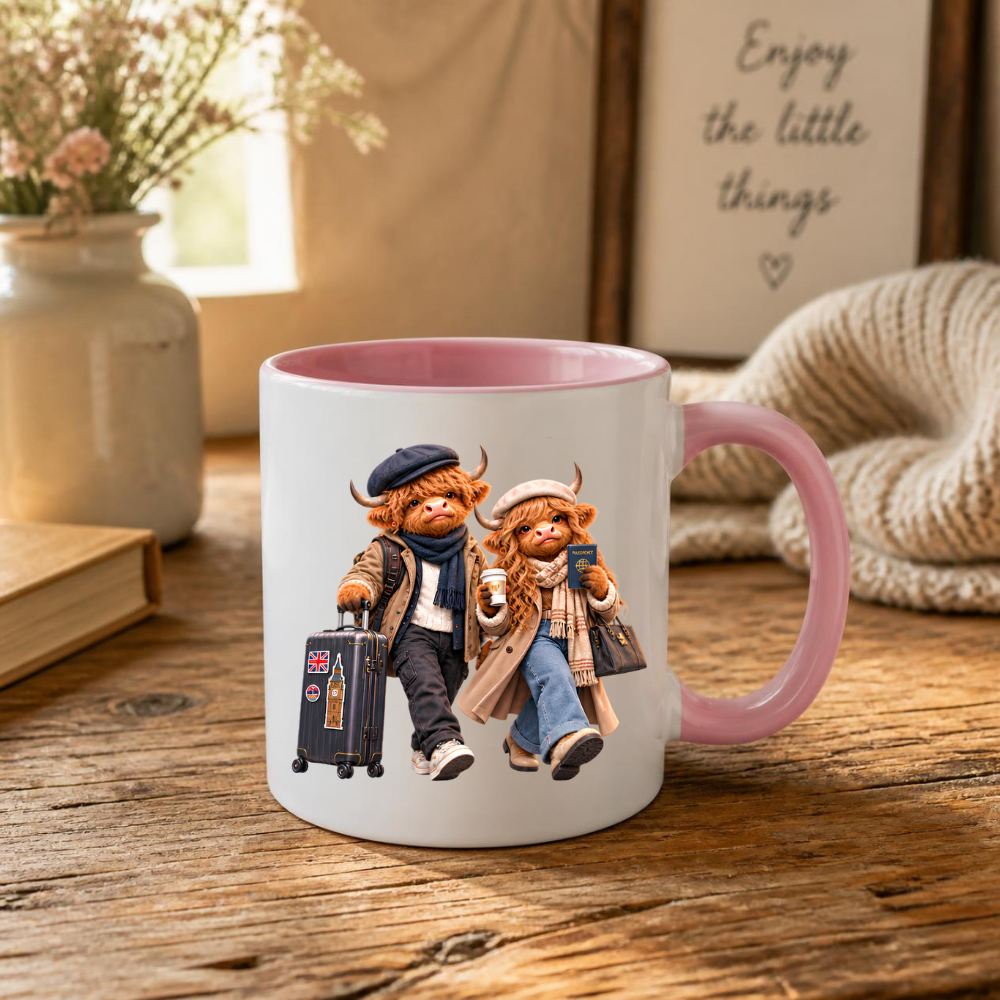 Travelers Mug "World Travelers Highland Cow Couple" 325ml Ceramic Mug – Stylish Highland Cow Couple with Passport Suitcase Stamped With Big Ben Union Jack Cozy Gift For Travelers Couples | Available in Multicolours | Fast Dispatch by UK Seller (M3262)