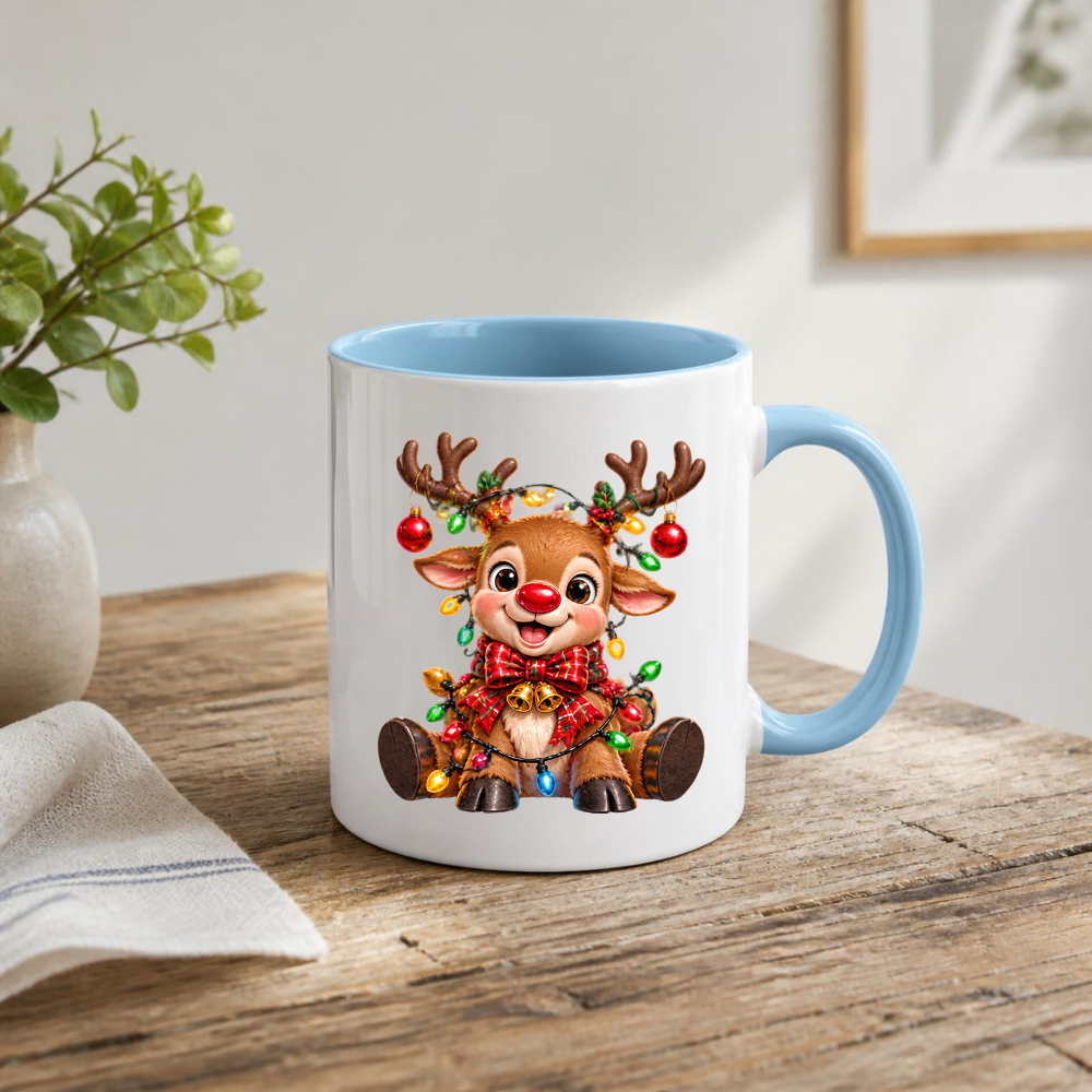 Christmas Mug "Baby Reindeer Christmas Lights Bow" Baby Reindeer 325ml Ceramic Coffee Mug – Festive Christmas Tea Cup with Red Nose, Fairy Lights Plaid Bow Baubles Graphic Gift | Available in Multicolours | Fast Dispatch by UK Seller (M3185)