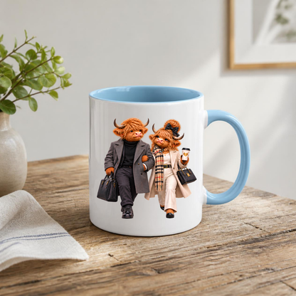 Fashion Mug "Elegance Highland Cow Couple Walking" Elegance Highland Cow Couple 325ml Ceramic Coffee Mug– Chic Winter Walking Tea Cup with Charcoal Overcoat Beige Trench Scarf Graphic Gift | Available in Multicolours | Fast Dispatch by UK Seller (M3191)