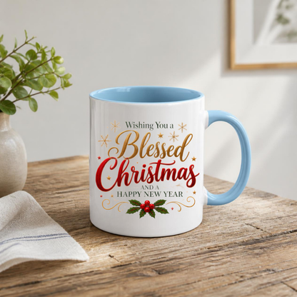 Christmas Mug "Wishing You A Blessed Christmas And A Happy New Year" 325ml Ceramic Coffee Mug Festive Typography Mug With Gold Stars Holly Swirls Holiday Gift | Available in Multicolours | Fast Dispatch by UK Seller (M3314)