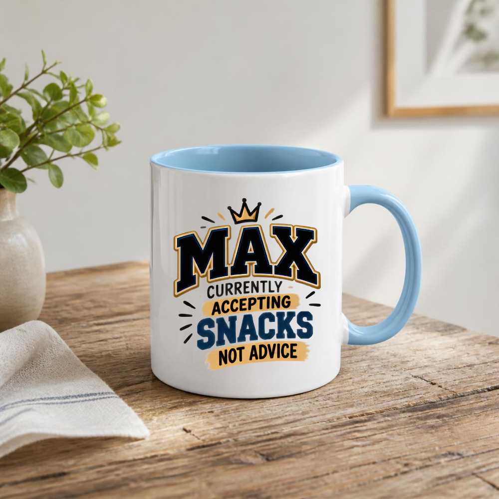 Personalized Name Mug "Max Currently Accepting Snacks Not Advice" Max Currently Accepting Snacks 325ml Ceramic Coffee Mug – Custom Name Varsity Typography Slogan with Golden Crown & Brushstroke Highlights | Funny Gift | Fast Dispatch by UK Seller (M3444)