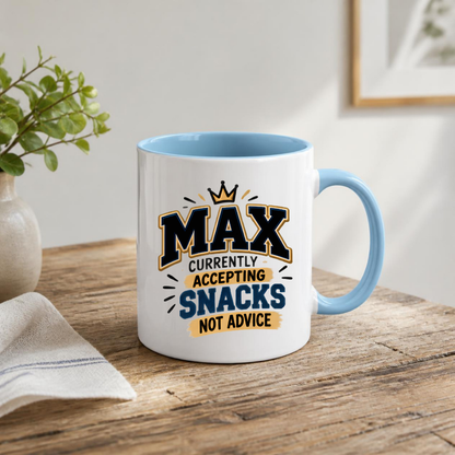 Personalized Name Mug "Max Currently Accepting Snacks Not Advice" Max Currently Accepting Snacks 325ml Ceramic Coffee Mug – Custom Name Varsity Typography Slogan with Golden Crown & Brushstroke Highlights | Funny Gift | Fast Dispatch by UK Seller (M3444)