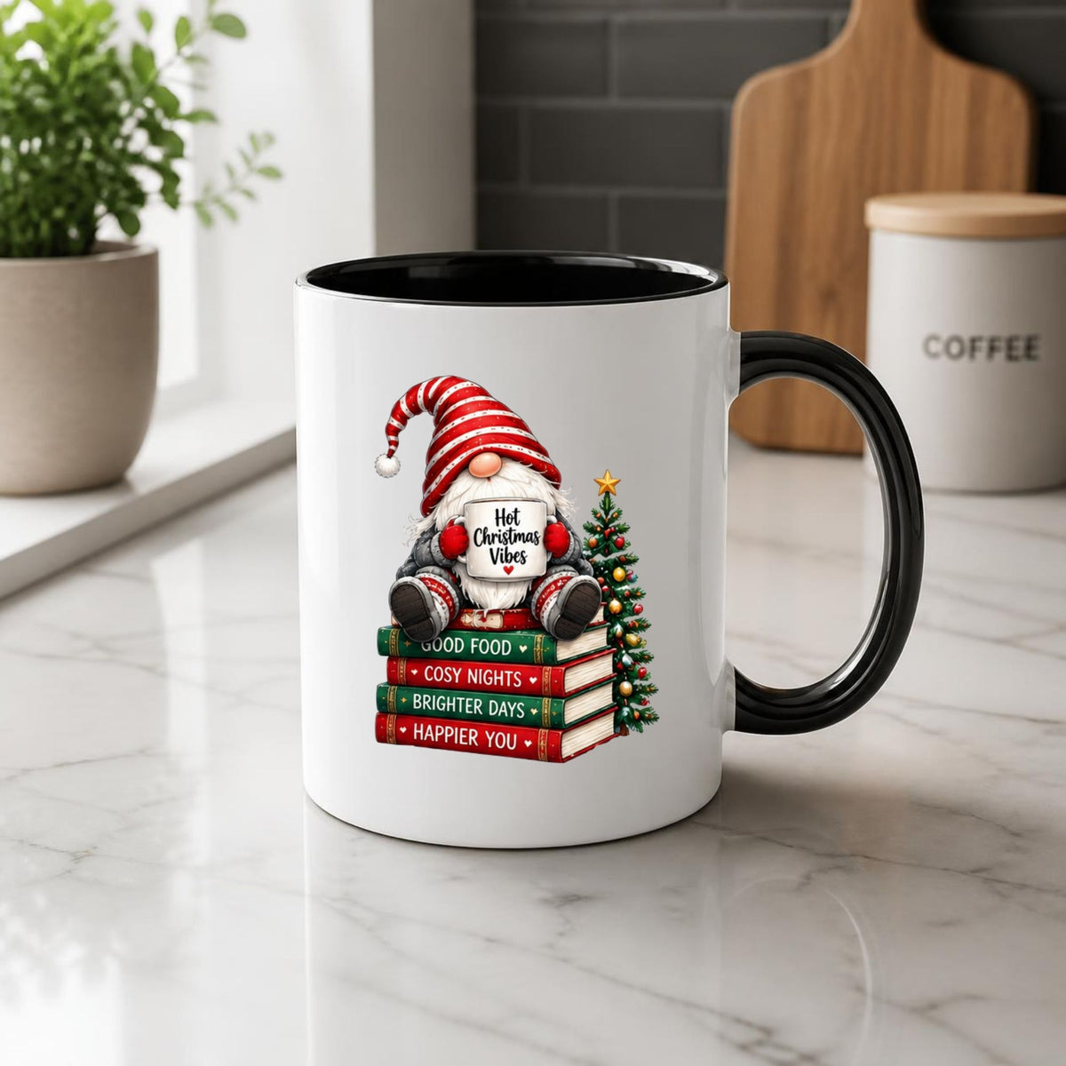 Cozy Mug "Hot Christmas Vibes" Gnome 325ml Ceramic Coffee Mug Festive Winter Holiday Tea Cup with Stack of Books & Striped Hat Gift | Available in Multicolours | Fast Dispatch by UK Seller (M1255)
