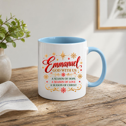 Christmas Mug "Emmanuel God With Us" Emmanuel God With Us 325ml Ceramic Coffee Mug – Christian Christmas Verse Mug with Gold Star, Snowflakes Scrollwork Festive Religious Gift | Available in Multicolours | Fast Dispatch by UK Seller (M3294)