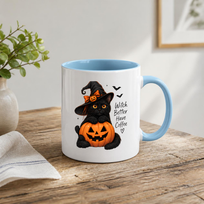 Halloween Mug "Witch Better Have Coffee Black Cat" Witch Better Have Coffee Black Cat 325ml Ceramic Coffee Mug – Cute Halloween Autumn Tea Cup With Witch Hat Jack O Lantern Graphic Gift | Available in Multicolours | Fast Dispatch by UK Seller (M3225)