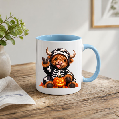 Spooky Mug "Skeleton Costume Highland Cow" Skeleton Highland Cow 325ml Ceramic Coffee Mug Cute Halloween Onesie Tea Cup with Pumpkin Graphic Gift | Available in Multicolours | Fast Dispatch by UK Seller (M3163)