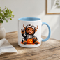 Spooky Mug "Skeleton Costume Highland Cow" Skeleton Highland Cow 325ml Ceramic Coffee Mug Cute Halloween Onesie Tea Cup with Pumpkin Graphic Gift | Available in Multicolours | Fast Dispatch by UK Seller (M3163)