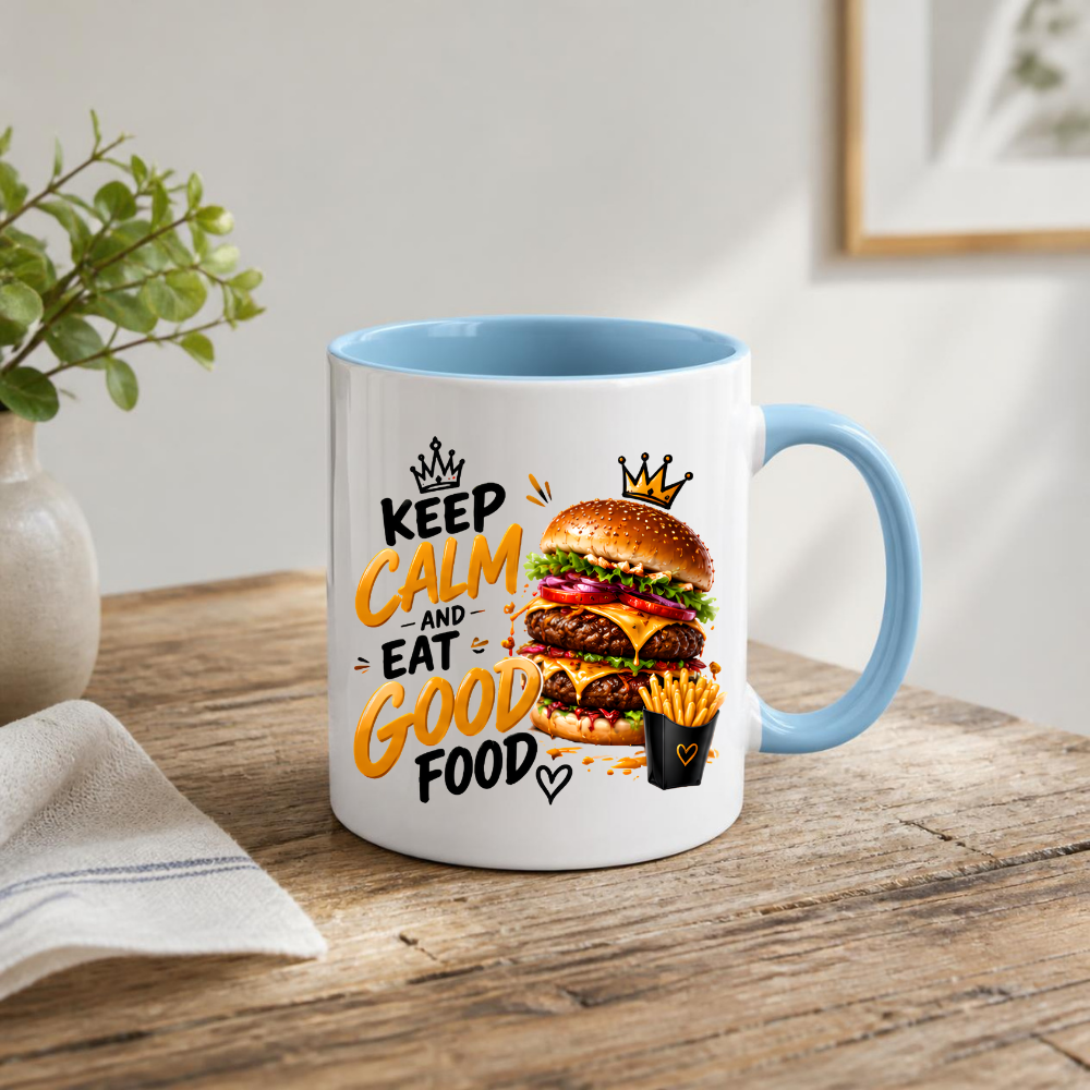 Burger Mug "Keep Calm And Eat Good Food" 325ml Ceramic Coffee Tea Cup – Double Cheeseburger, Fries & Slogan Novelty Gift for Foodies, Fast Food Lovers, Birthday – Fast Dispatch by UK Seller (M3506)