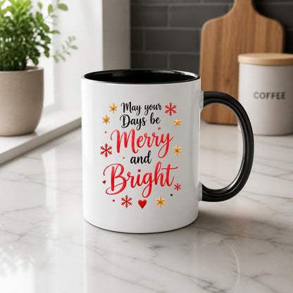 Festive Mug "May your Days be Merry and Bright" 325ml Ceramic Coffee Mug Winter Holiday Tea Cup with Gold Stars & Red Snowflakes | Available in Multicolours | Fast Dispatch by UK Seller (M1269)