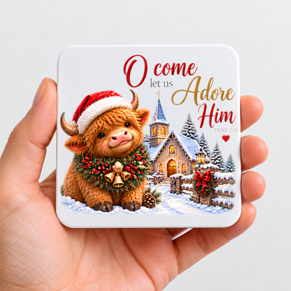 Festive Christian Christmas Coaster "O Come Let Us Adore Him Luke 2:11" Graphic Glossy Hardboard 9x9cm Drinks Mat – Highland Cow, Snowy Chapel Village & Wreath Holiday Tableware Gift | Fast Dispatch by UK Seller (C3064)