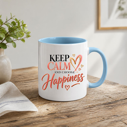 Motivational Mug "Keep Calm And Choose Happiness" 325ml Ceramic Coffee Tea Cup – Pink & Gold Typography, Cute Hearts & Positivity Slogan Novelty Gift for Friends, Colleagues, Birthday – Fast Dispatch by UK Seller (M3493)