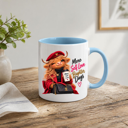 Self-Love Mug "More Self Love Brighter Days Highland Cow" More Self Love Brighter Days Highland Cow 325ml Ceramic Coffee Mug– Chic Red Beret Fashion Tea Cup Positive Typography Graphic Gift | Available in Multicolours | Fast Dispatch by UK Seller (M3197)