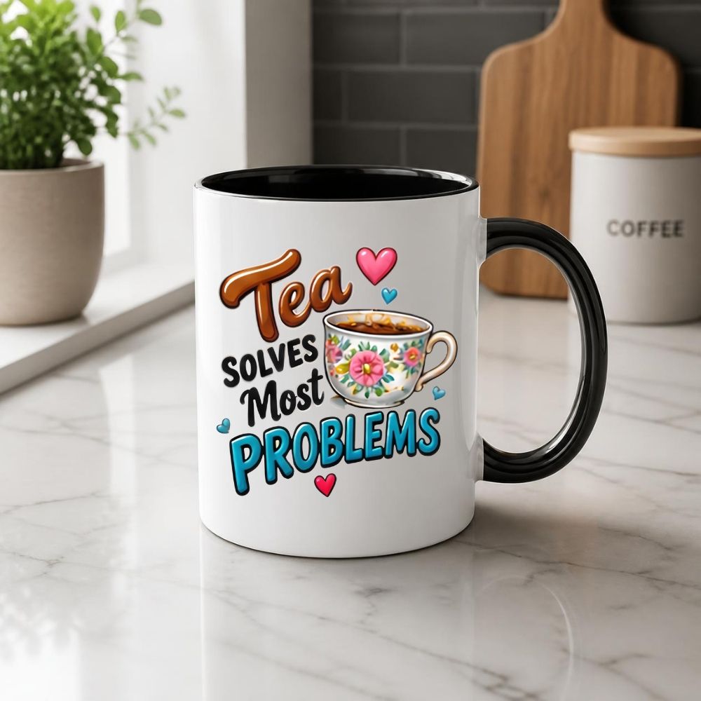 Humorous Mug "Tea Solves Most Problems" 325ml Ceramic Coffee Mug – Funny British Cuppa Tea Cup with Vintage Floral Teacup & Hearts Graphic Gift | Available in Multicolours | Fast Dispatch by UK Seller (M1314)