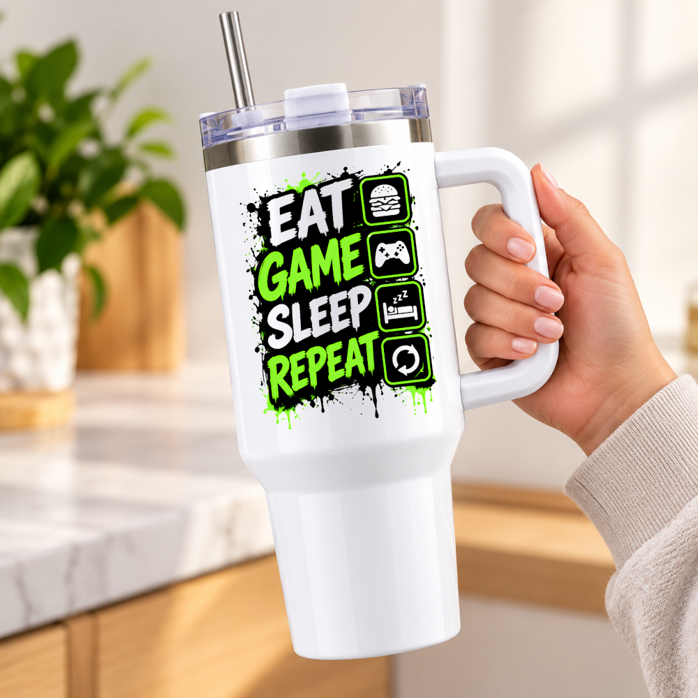 Funny Gaming Travel Tumbler "Eat Game Sleep Repeat" Graphic 40oz Stainless Steel Insulated Travel Mug with Handle & Straw – Green & Black Paint Splatter, Activity Icons Novelty Gift for Gamers | Fast Dispatch by UK Seller (T3066)