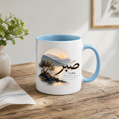 Islamic Mug "Sabr Beautiful Things Take Time" 325ml Ceramic Coffee Tea Cup – Gold Arabic Calligraphy Script, Olive Tree & Sunrise Mountain Landscape Religious Faith Gift for Muslims, Eid, Ramadan – Fast Dispatch by UK Seller (M3482)